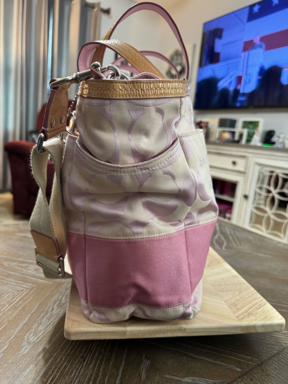 Coach Pink and Tan Signature Canvas Tote/ Diaper bag with Charm - Picture 5 of 17